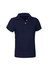 A navy short sleeve polo shirt with a collar and three buttons, featuring a logo on the chest.