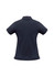 A women's short sleeve polo shirt in navy blue with a classic collar and a logo.