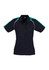 A women's polo shirt in navy blue with green accents and a logo on the chest. Short sleeves and a collar design.