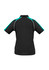 A black women's polo shirt with teal accents, featuring a logo on the back.
