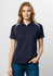 A navy women's polo shirt featuring light blue accents and a logo, designed with a short sleeve cut.