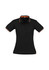 A black women's polo shirt featuring short sleeves and orange accents with a logo.