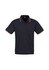 A black short sleeve polo shirt features contrasting striped detailing on the collar and sleeves, and includes a logo.