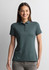 A women's short sleeve polo shirt in deep green, featuring a buttoned placket and fitted design. It has a logo.