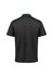 A black short sleeve polo shirt featuring contrasting blue trim and a logo.
