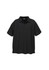 A black short sleeve polo shirt with a collared neckline and a logo on the chest.
