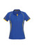 A women's short sleeve polo shirt in vibrant blue with yellow accents and a logo on the chest.