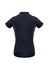 A women's short sleeve polo shirt in navy blue with yellow accents and a logo on the back.