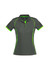 A women's short sleeve polo shirt in grey with bright green accents and mesh panels. Features a logo on the chest.