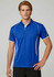 A blue short sleeve polo shirt with contrasting white accents and a collar, featuring a logo.