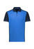 A short sleeve polo shirt in bright blue, featuring a dark blue collar and side panels, with a logo on the chest.