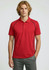 A red short sleeve polo shirt with black accents and a branded logo. Model stands confidently wearing it.