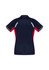 A navy and red women's polo shirt featuring a sporty design and logo on the back.