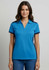 A short sleeve polo shirt for women in vibrant blue with navy accents and a logo.