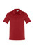 A red men's short sleeve polo shirt featuring a collar and three buttons, with a logo on the chest.