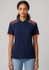 A navy blue women's short sleeve polo shirt with orange accents and a patterned design on the shoulders.