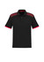 A black short sleeve polo shirt featuring red accents and a checkered pattern on the shoulders. It has a logo.