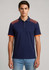 A navy short sleeve polo shirt with orange accents and a pattern on the shoulders, featuring a logo.