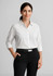 A white 3/4 sleeve blouse worn with black trousers, featuring a collared neckline and a fitted silhouette.