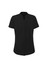 A black women's short sleeve blouse with a collared neckline and a sleek design. It features a logo.