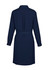 A navy dress with a collared neckline, long sleeves, and a belted waist, featuring a pleated back detail.