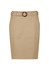 A mid waist stretch chino skirt in a light tan colour featuring a decorative belt with a circular buckle.
