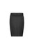 A black mid-waist pencil skirt with a sleek design and a back zipper, featuring a logo.