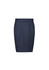 A navy blue mid-waist pencil skirt with a sleek design and minimal detailing. It features a waistband and a smooth silhouette.
