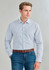 A long sleeve button-up shirt featuring a navy and white check pattern, paired with denim jeans and a brown belt.