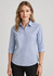 A light blue women's button-up shirt with 3/4 sleeves and a collar, featuring a logo on the chest.