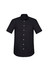 A black short sleeve button-up shirt with a classic fit and a single chest pocket. It features a logo.