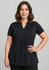 A black women's Mali Stretch Tunic T-Top featuring a V-neck and short sleeves, with a stylish pleated design.