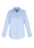 A light blue button-up shirt with long sleeves and a collar, featuring a logo.