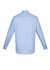 A light blue long sleeve button-up shirt with a classic collar and a logo on the back.