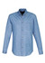 A blue long sleeve button-up shirt featuring a chest pocket and a logo on the collar.