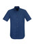 A short-sleeve, button-up men's shirt in a dark blue colour with a chest pocket and a collar.