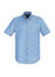 A short sleeve button-up shirt in light blue denim with a pocket and a logo on the chest.