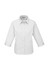 A women's white button-up shirt with 3/4 sleeves and a classic collar, featuring a logo.
