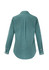A teal women's button-up long sleeve shirt with a back pleat and buttoned cuff details. Features a logo.