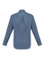 A blue long sleeve button-up shirt with a back yoke and buttoned cuffs, featuring a logo.