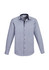 A long sleeve button-up shirt in a blue and white pattern, featuring a contrasting collar and cuffs, with a logo.