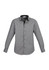 A button-up long sleeve shirt in grey with a subtle pattern and contrasting black collar. It features a logo.