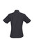 A black women's short sleeve button-up shirt featuring a back view design and a logo.