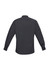 A men's long sleeve button-up shirt in dark grey, featuring a logo on the sleeve.