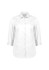 A white women's button-up shirt featuring 3/4 sleeves and a collar, with a subtle logo.