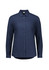 A long sleeve women's button-up shirt in navy blue with a collar and front buttons, featuring a subtle textured pattern.