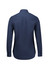 A navy long sleeve button-up shirt with a classic collar and a logo on the back.