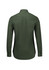 A women's long sleeve button-up shirt in a dark green hue with a back yoke detail and buttoned cuffs.