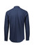 A navy blue long sleeve button-up shirt featuring a back yoke and cuffed sleeves. It has a logo.