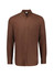 A brown long sleeve button-up shirt featuring a single chest pocket and a collar, with a logo on the label.